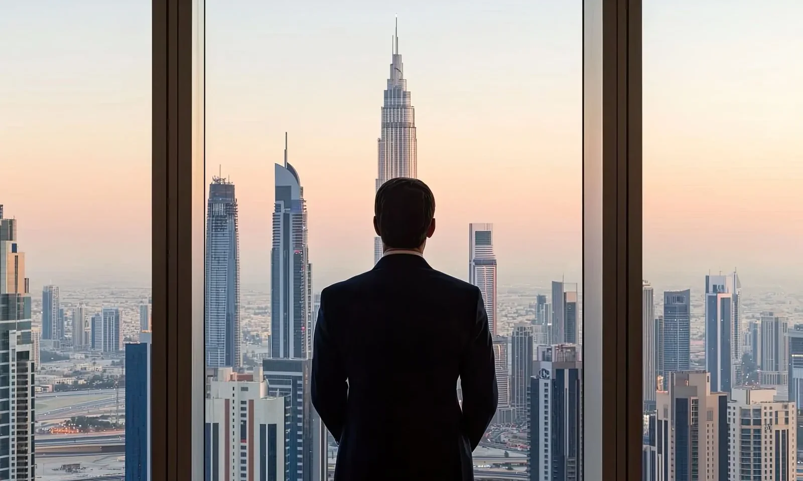 Businessman in suit overlooking Dubai skyscrapers, symbolizing opportunity and entrepreneurship in Dubai 2025