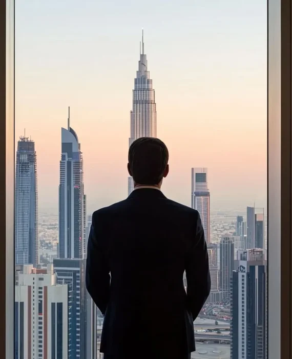Businessman in suit overlooking Dubai skyscrapers, symbolizing opportunity and entrepreneurship in Dubai 2025