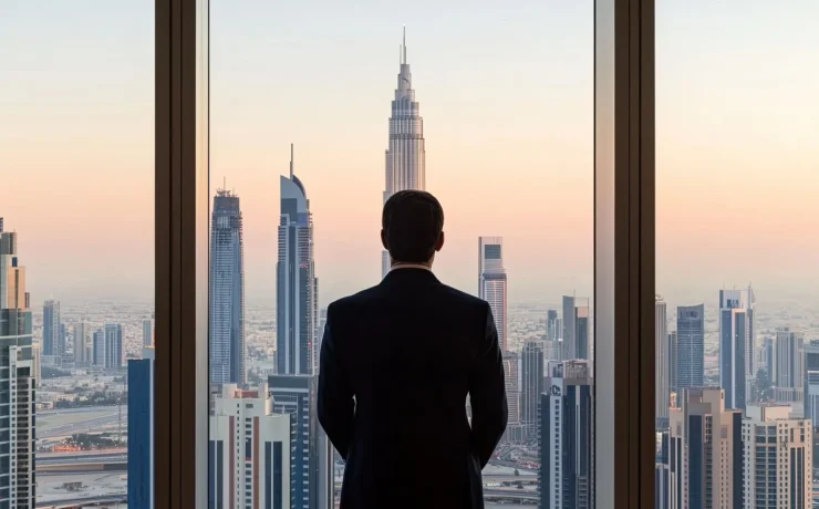 Businessman in suit overlooking Dubai skyscrapers, symbolizing opportunity and entrepreneurship in Dubai 2025