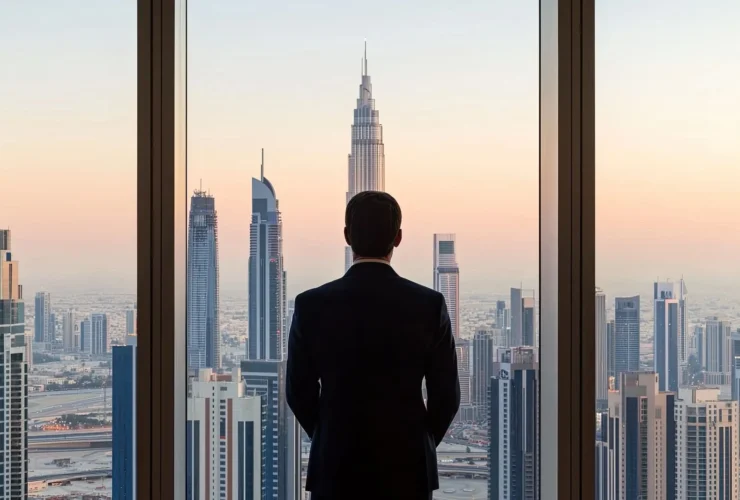 Businessman in suit overlooking Dubai skyscrapers, symbolizing opportunity and entrepreneurship in Dubai 2025